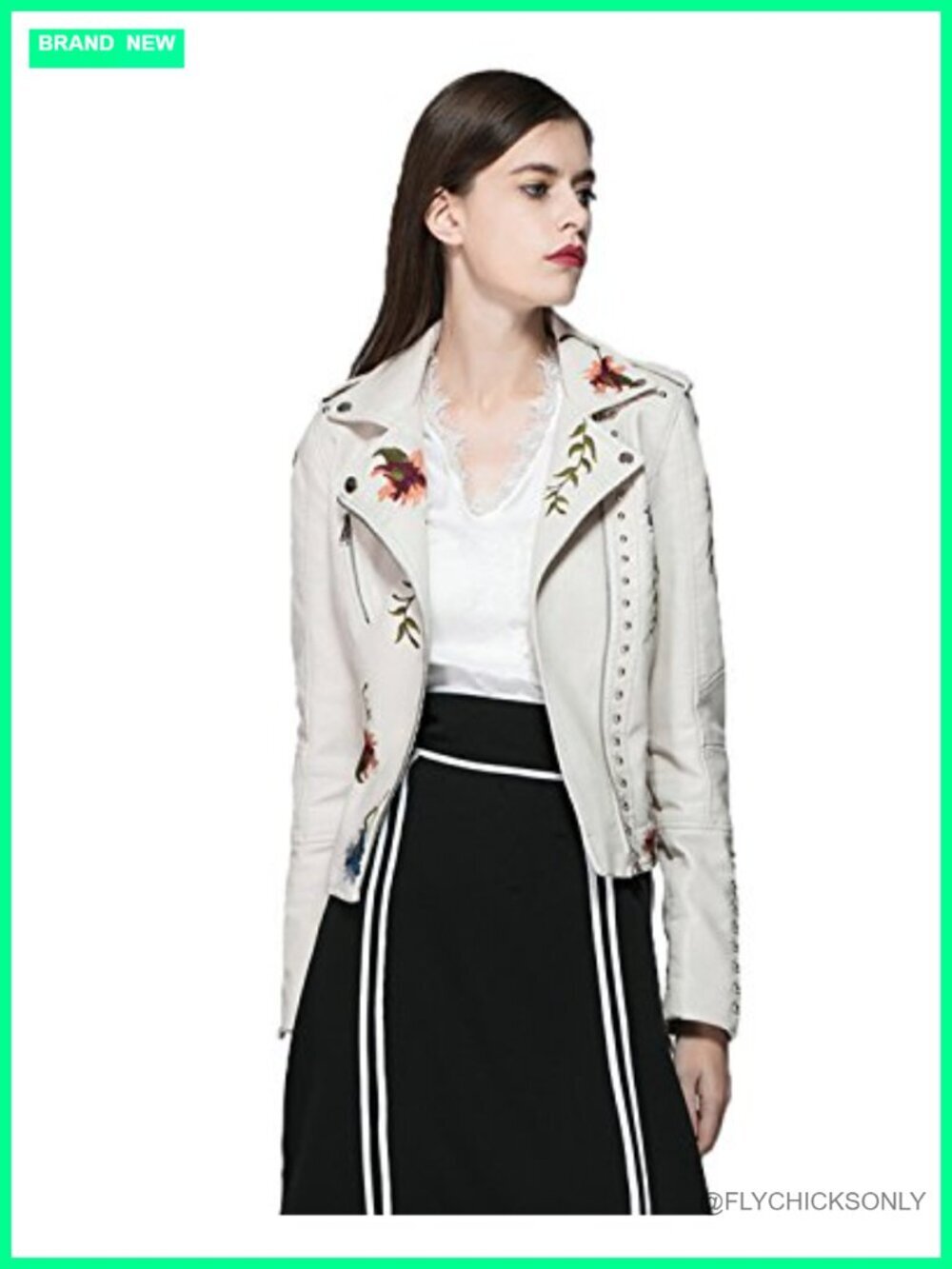 Faux Leather PU Floral Embroidered Moto Jacket with Zipper